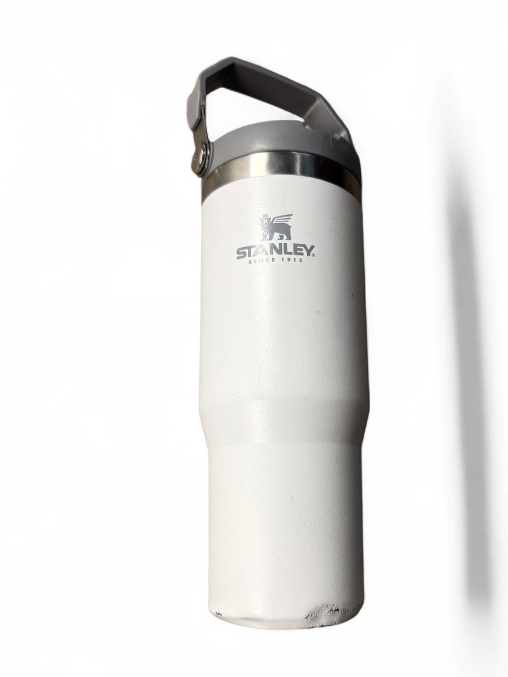 Stanley White Travel Tumbler with Gray Handle and Silver Trim